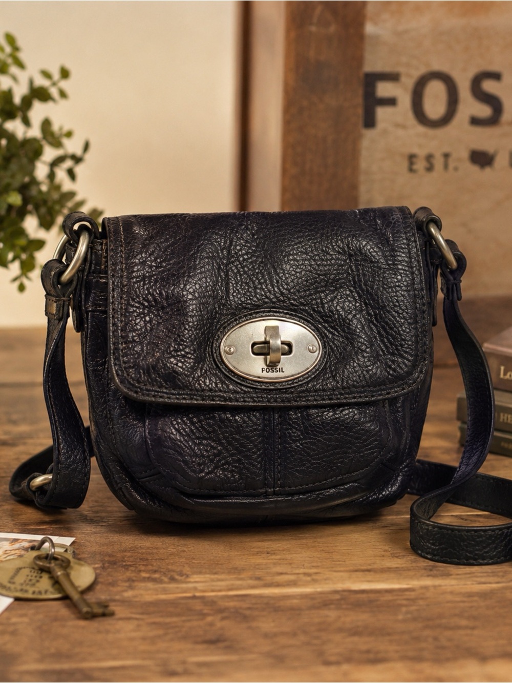 Vintage Fossil Black Leather Crossbody with Silver Turn-Lock Accent